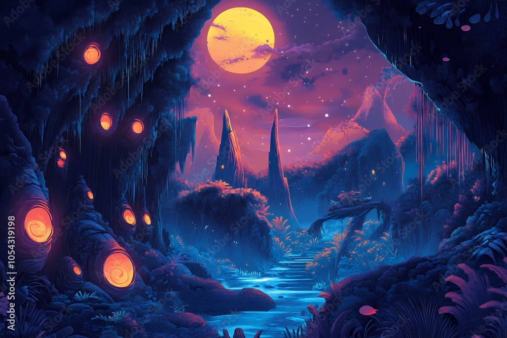 Obraz premium Fantasy Forest Night Scene with Moon and Glowing Trees
