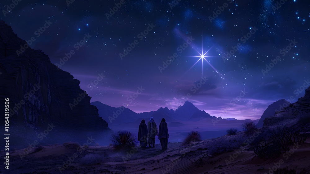 Obraz premium The star of Bethlehem glowing brightly in the night sky, guiding the three wise men as they carry their treasures through the desert