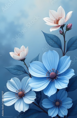 Elegant blue and white flowers on soft blue background