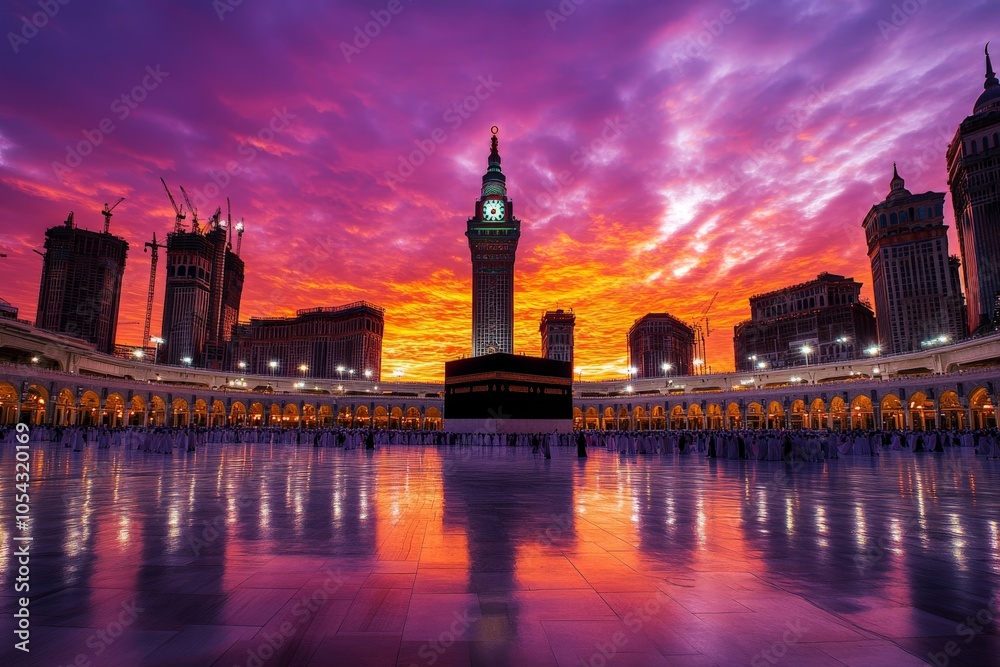 Naklejka premium Beautiful sunset over the Grand Mosque in Mecca with vibrant sky reflecting on the polished courtyard