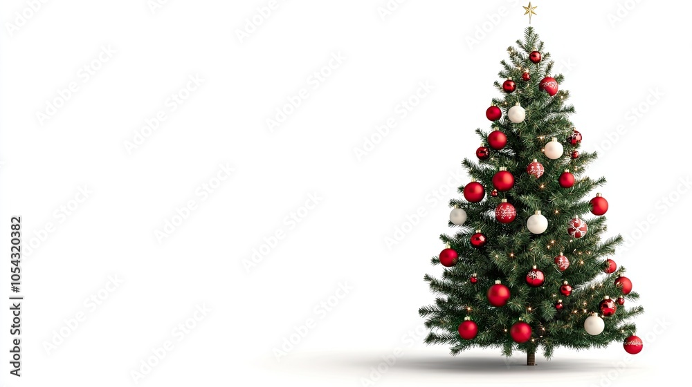 A festive Christmas tree adorned with red and white ornaments, standing against a clean white background, perfect for holiday themes. A festive Christmas tree adorned with red and white ornaments, standing against a clean white background, perfect for holiday themes.