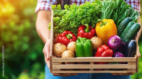 A fresh assortment of vibrant vegetables in a wooden crate, showcasing healthy eating and farm-to-table freshness. photo