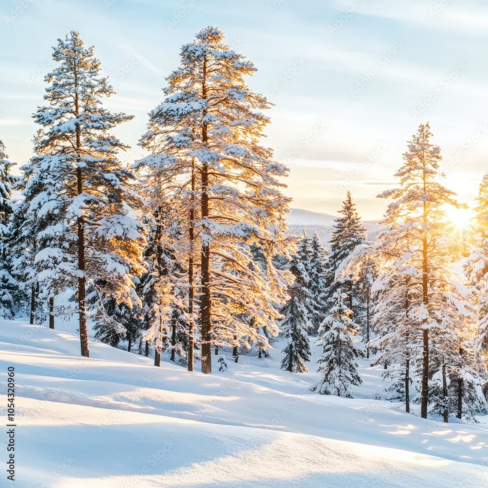 Fototapeta premium A serene winter landscape featuring snow-covered trees and a beautiful sunrise illuminating the peaceful scene.