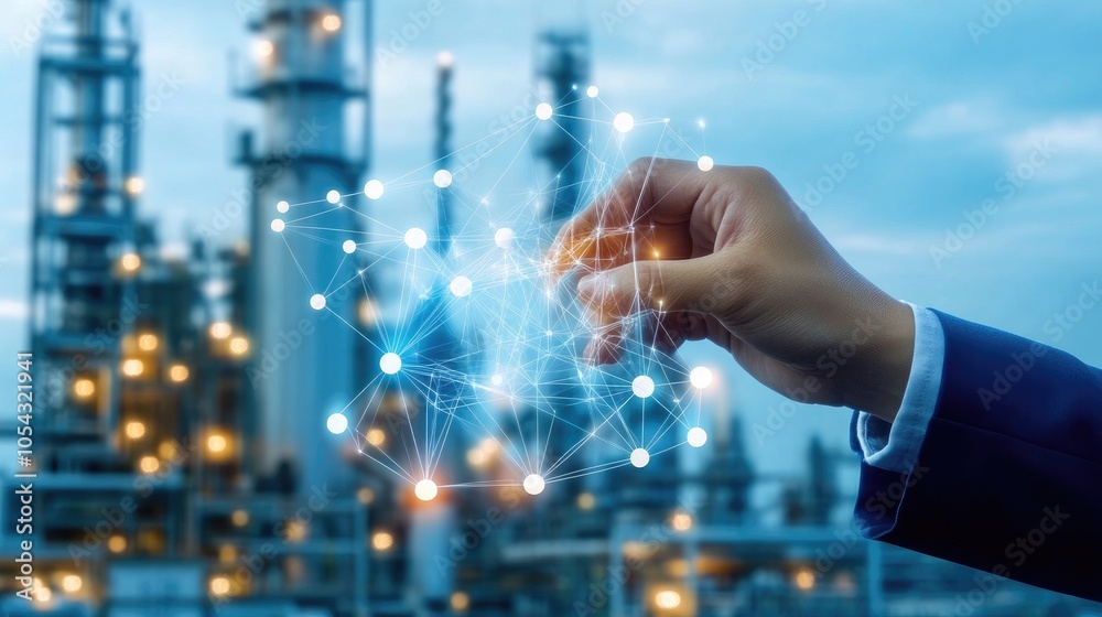 Fototapeta premium A hand manipulating digital connections in an industrial setting, symbolizing innovation in technology and energy.