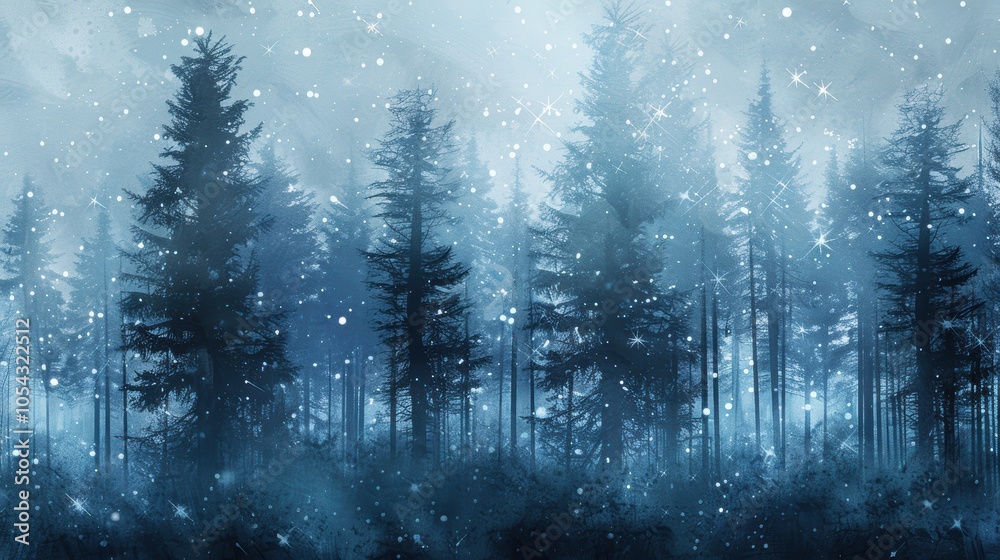 Fototapeta premium Abstract Winter Forest with Snowflakes and Misty Blue Background for Serene Seasonal Design