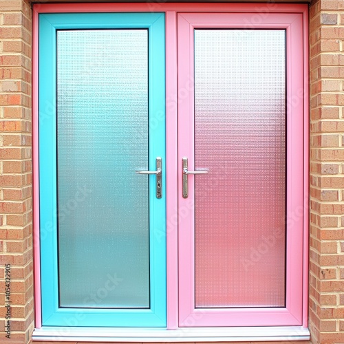 Colorful double door with frosted glass, showcasing a modern design and vibrant hues, suitable for contemporary architecture. photo