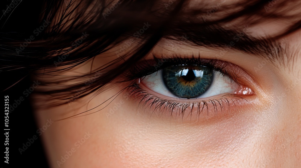 Fototapeta premium A close-up of a woman's blue eye with dark eyelashes and a hint of brown in the center.