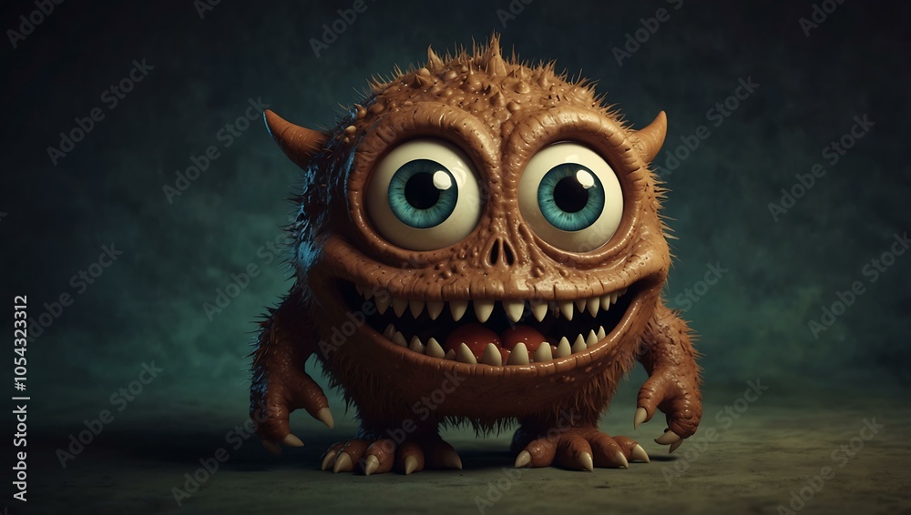 Naklejka premium Cartoon monster with big eyes and sharp teeth, appearing scary.