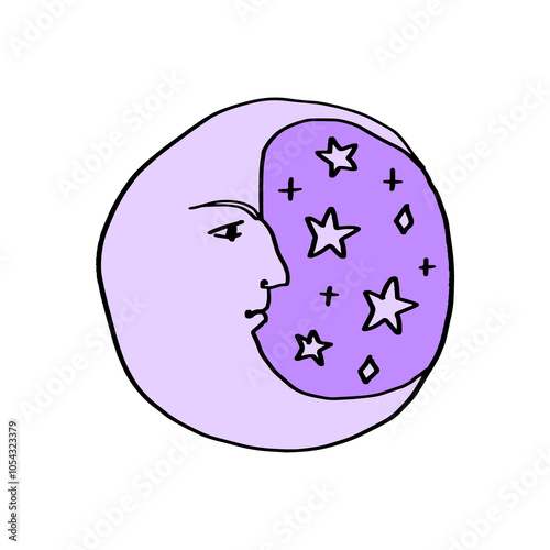 Vintage moon and stars astrology and astronomy 90s style doodle stellar character concept. Hand-drawn antique design element, sticker, clipart and more.