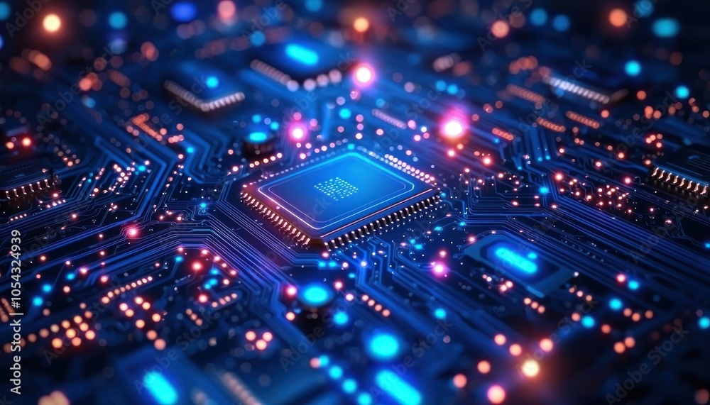 Obraz premium Close-up of a glowing microprocessor on a circuit board