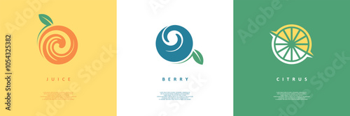 Fresh organic fruits logo and symbol designs collection. Orange, blueberry and lemon creative emblems and icons. Signs set vector illustration.