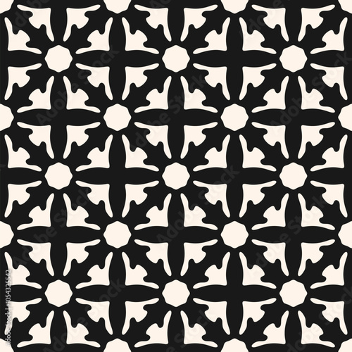 Vector seamless pattern with ethnic folk motifs. Simple floral geometric ornament. Elegant black and white background texture with lattice, grid, flower silhouettes. Repeated monochrome geo design