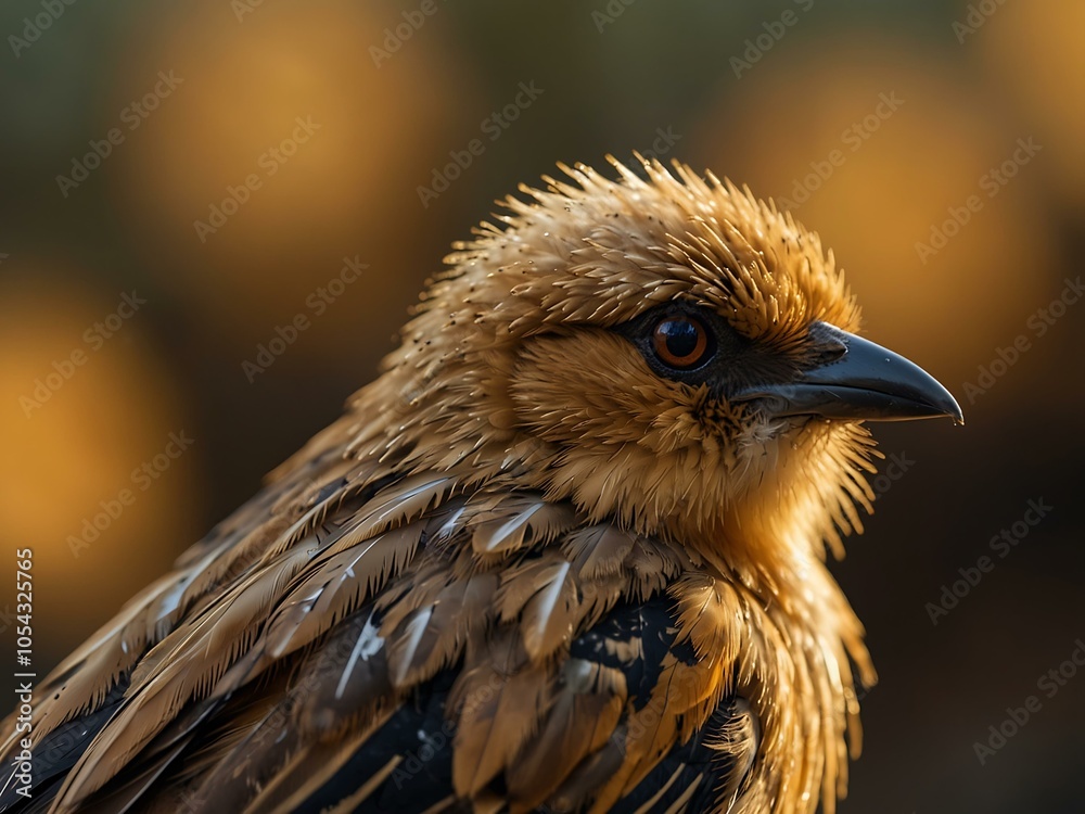 Fototapeta premium Close-up of a bird's eye with golden feathers and bokeh.