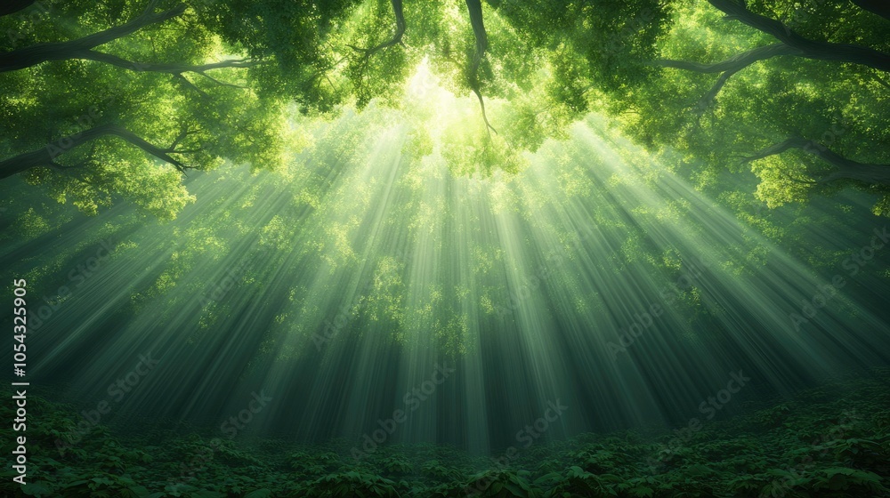 Fototapeta premium A serene forest scene with sunlight filtering through lush green trees, creating a peaceful atmosphere of nature's beauty.