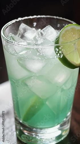 Refreshing tropical margarita cocktail served over ice with a lime wedge at a beachside bar