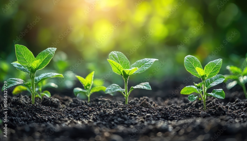 Fototapeta premium Young Green Plants Growing in Rich Soil with Sunlight