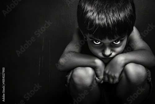 Emotional Black and White Portrait of a Pensive Child photo