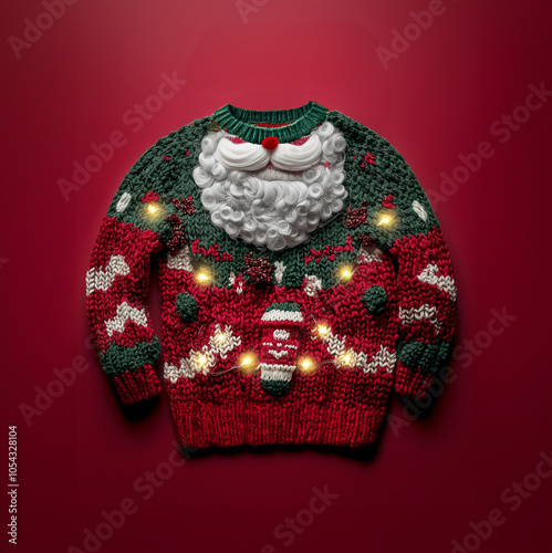 Ugly christmas sweater with lights, isolated on red background.santa, ugliest xmas sweater ever made. Tacky sweater with santa beard photo