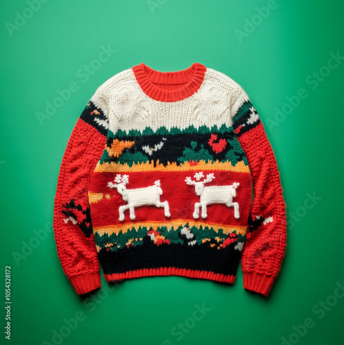 Ugly christmas sweater with reindeer knitted patten, isolated on green background., xmas sweater, handmade.