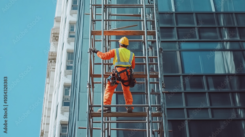 Construction Worker on Scaffolding High Rise Building Safety Gear Urban Construction Construction Worker on Scaffolding High Rise Building Safety Gear Urban Construction