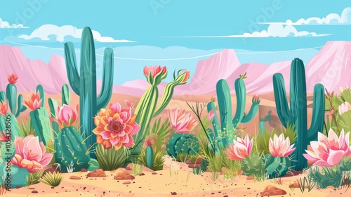 Scene of a desert bloom with cacti flowers flat design side view arid beauty theme cartoon drawing vivid photo