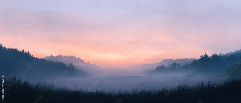 Obraz premium A foggy, misty morning in the woods with a beautiful orange and pink sky