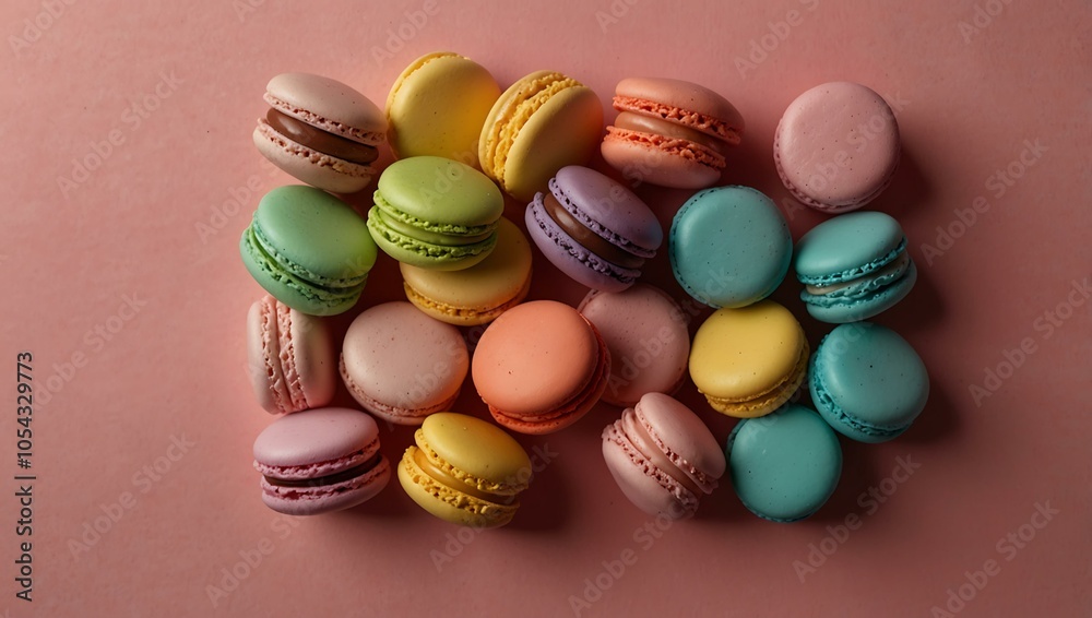 Colorful macarons on a pink background, flat lay style. Colorful macarons on a pink background, flat lay style.