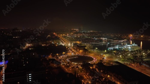 Wallpaper Mural night illuminated flight over barcelona city famous bay traffic road circle aerial panorama 4k spain Torontodigital.ca