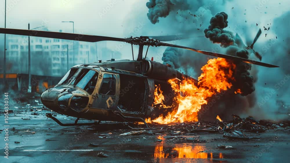 An explosive helicopter crash occurred amid the chaos of an urban environment, creating an intense and dangerous scene