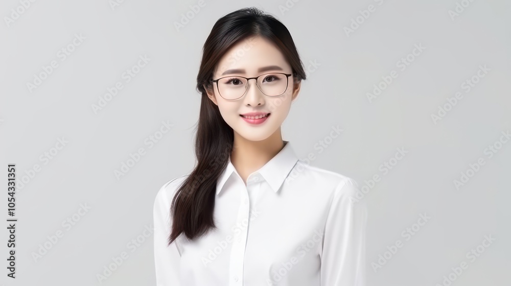 Smiling young woman in white shirt exuding warmth and elegance, combining professionalism with a hint of playfulness. Smiling young woman in white shirt exuding warmth and elegance, combining professionalism with a hint of playfulness.