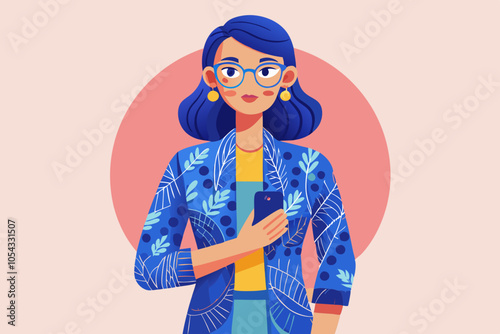 Stylish Woman in Batik Outfit with Smartphone on Pastel Background. Happy mindful thankful Indonesian government worker woman. 