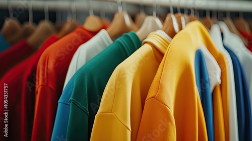 A vibrant collection of colorful hoodies hanging on wooden hangers, showcasing fashion and style in a trendy clothing display. photo