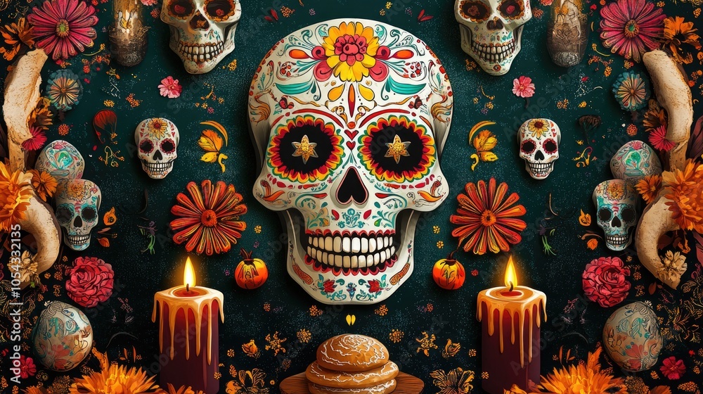 Fototapeta premium A vibrant Day of the Dead altar featuring colorful sugar skulls, candles, and flowers, celebrating life and remembrance.
