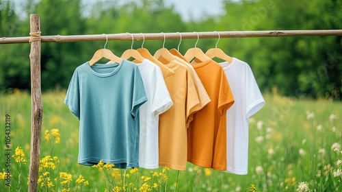A vibrant display of colorful t-shirts hung on a wooden rack in a lush green field, perfect for showcasing outdoor fashion.