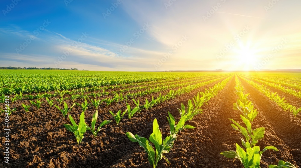 A vibrant field of crops under a bright sunrise, showcasing fresh growth and the beauty of agriculture in nature. A vibrant field of crops under a bright sunrise, showcasing fresh growth and the beauty of agriculture in nature.