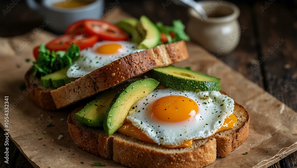 Delicious breakfast of fried eggs on toast with avocado and fresh veggies. Delicious breakfast of fried eggs on toast with avocado and fresh veggies.