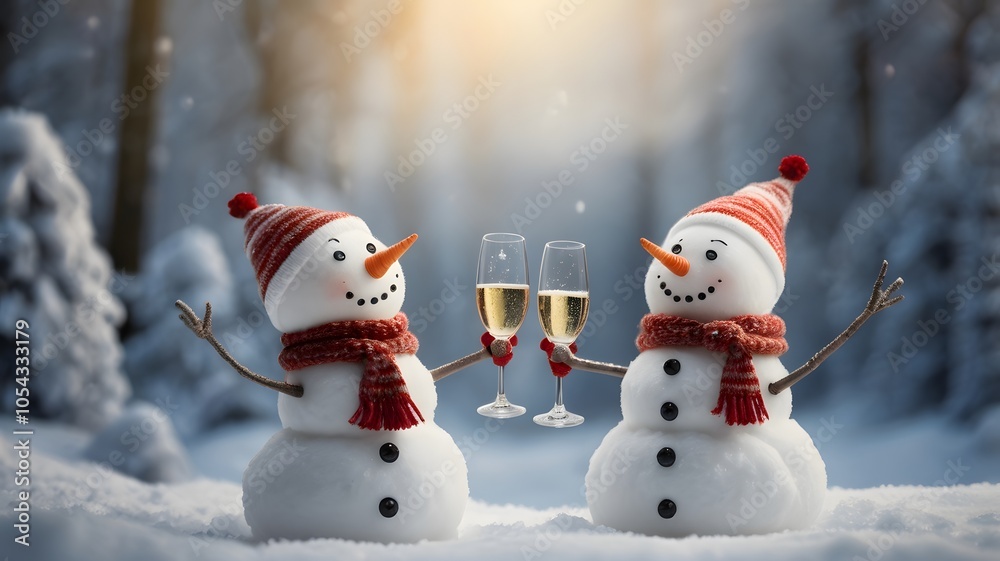 Two snowmen cheering champagne glasses, Christmas festive season winter celebration background