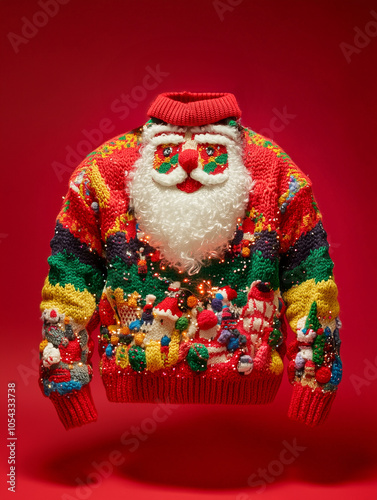 Ugly christmas sweater, isolated on red background.