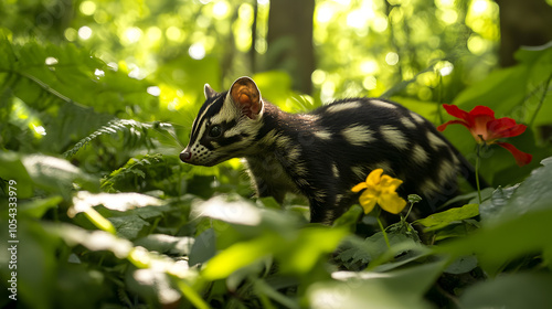 A Vibrant Eastern Spotted Skunk Foraging in a Lush Forest Surrounded by Nature's Beauty photo