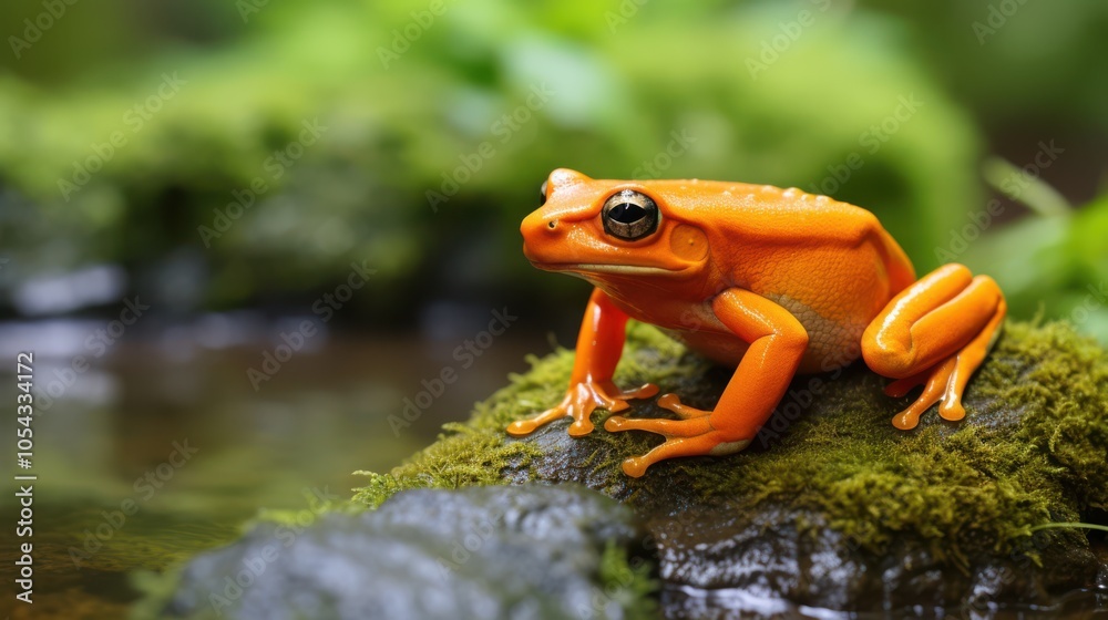A vibrant orange frog sits on a wet rock in a natural setting, showcasing its unique color amidst lush greenery. A vibrant orange frog sits on a wet rock in a natural setting, showcasing its unique color amidst lush greenery.