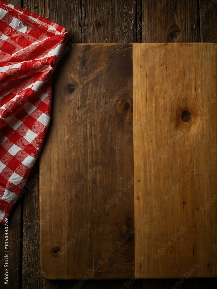 Obraz premium Empty cutting board with a kitchen cloth, on a wooden background.