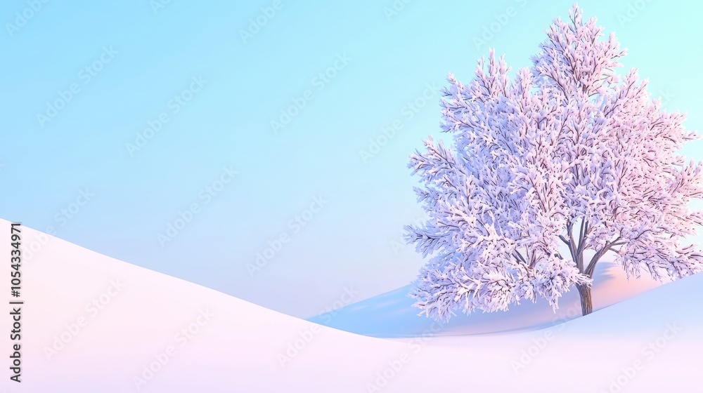 Fototapeta premium A serene winter landscape featuring a snow-covered tree against a pastel sky. Perfect for capturing the beauty of winter.