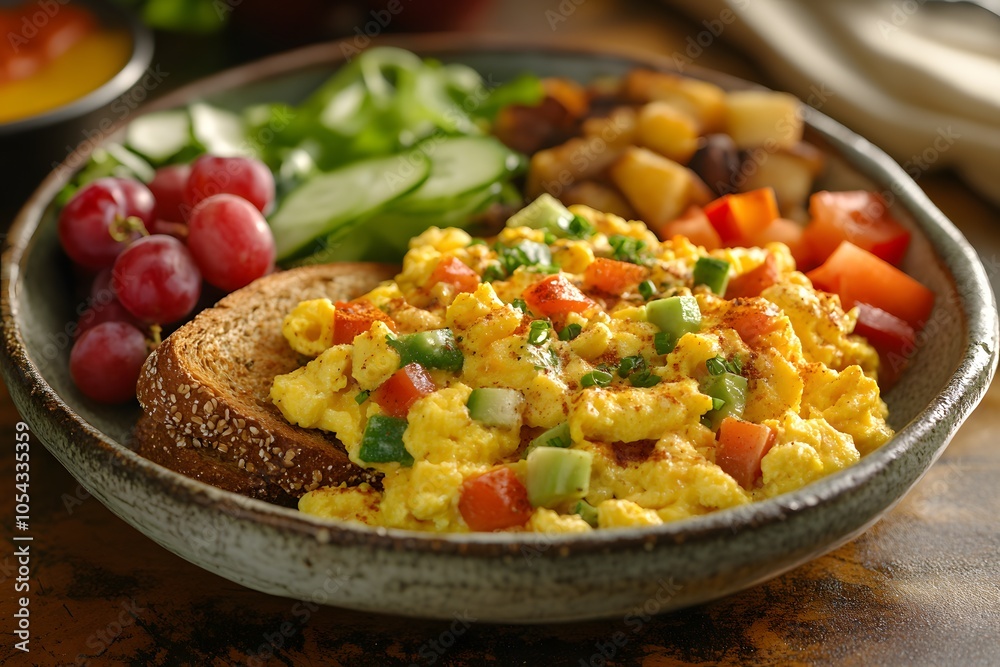 Hearty breakfast spread with eggs and toast Hearty breakfast spread with eggs and toast