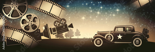 Vintage film reels and a classic car under a starry sky evoke nostalgia and a sense of old Hollywood glamour    © AhmadArshad