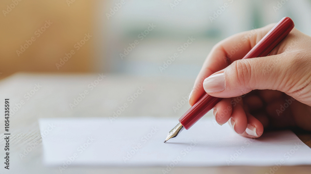 Close-up of a hand holding a pen above blank paper on a wooden table. Close-up of a hand holding a pen above blank paper on a wooden table.
