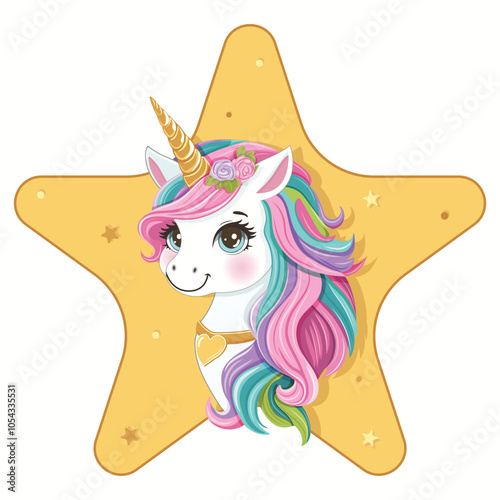 Beautiful unicorn with golden horn and colored hair inside golden star. Poster, Banner, Flyer, Greeting Card. Vector illustration in flat cartoon style