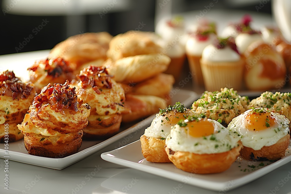 Gourmet brunch spread with eggs and pastries Gourmet brunch spread with eggs and pastries