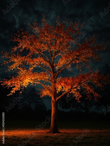 Fiery tree glowing brightly against a dark background.