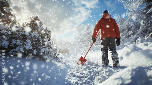 Man Clearing Snow by Shovel After Snowfall. Outdoors photo