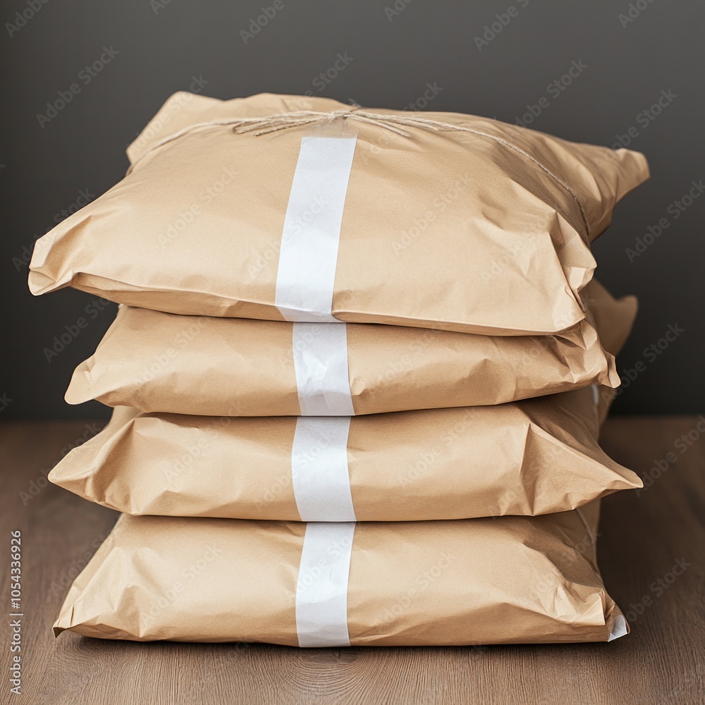 Four stacked packages wrapped in brown paper with white stripes. Four stacked packages wrapped in brown paper with white stripes.